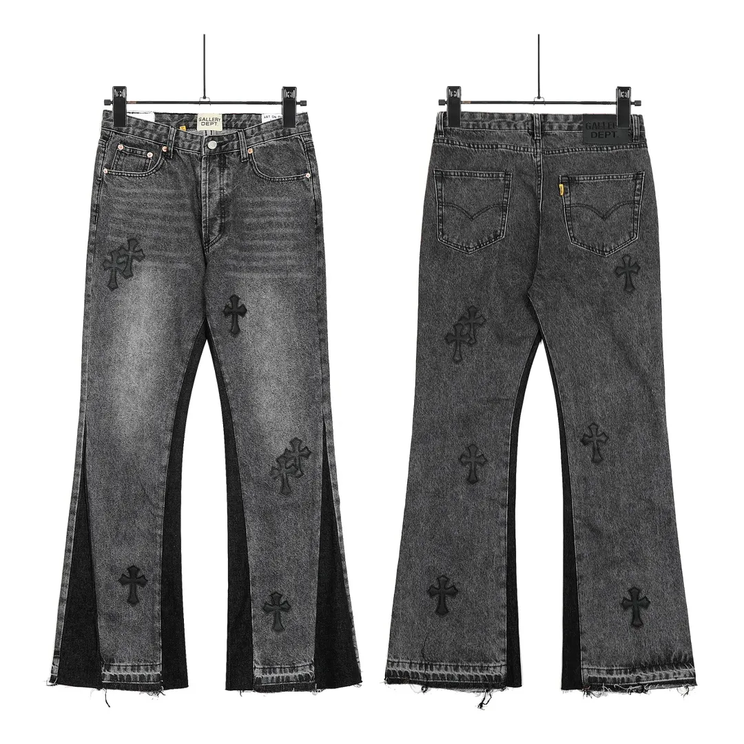#8102 P260💰 Independent GALLERY DEPT. Vintage splicing black and gray snowflake pattern cross loose washed flared jeans - truly restore the ultimate texture of Vintage - original hardware accessories washed and other elevators, QR code analysis are all purchased from the original factory, high degree of restoration, welcome to compare with a certain product~ - three-dimensional version loose and comfortable, not picky about the figure, tall and slim, factory Seiko, original factory quality control, same style for men and women, can be matched with couples, versatile recommendation Essential jeans for all seasons - sizes: 28 30 32 34 36